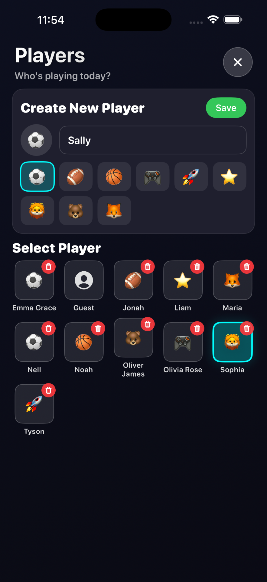 Player profiles screen on iPhone