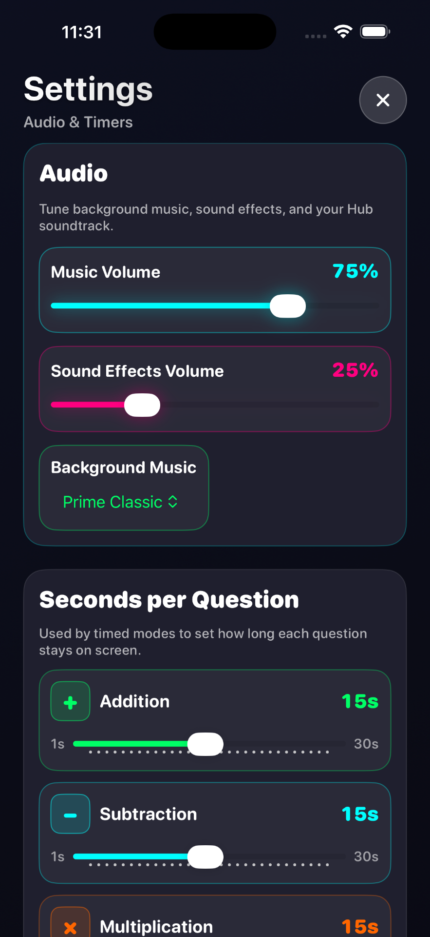 Audio and per-operation timer settings on iPhone