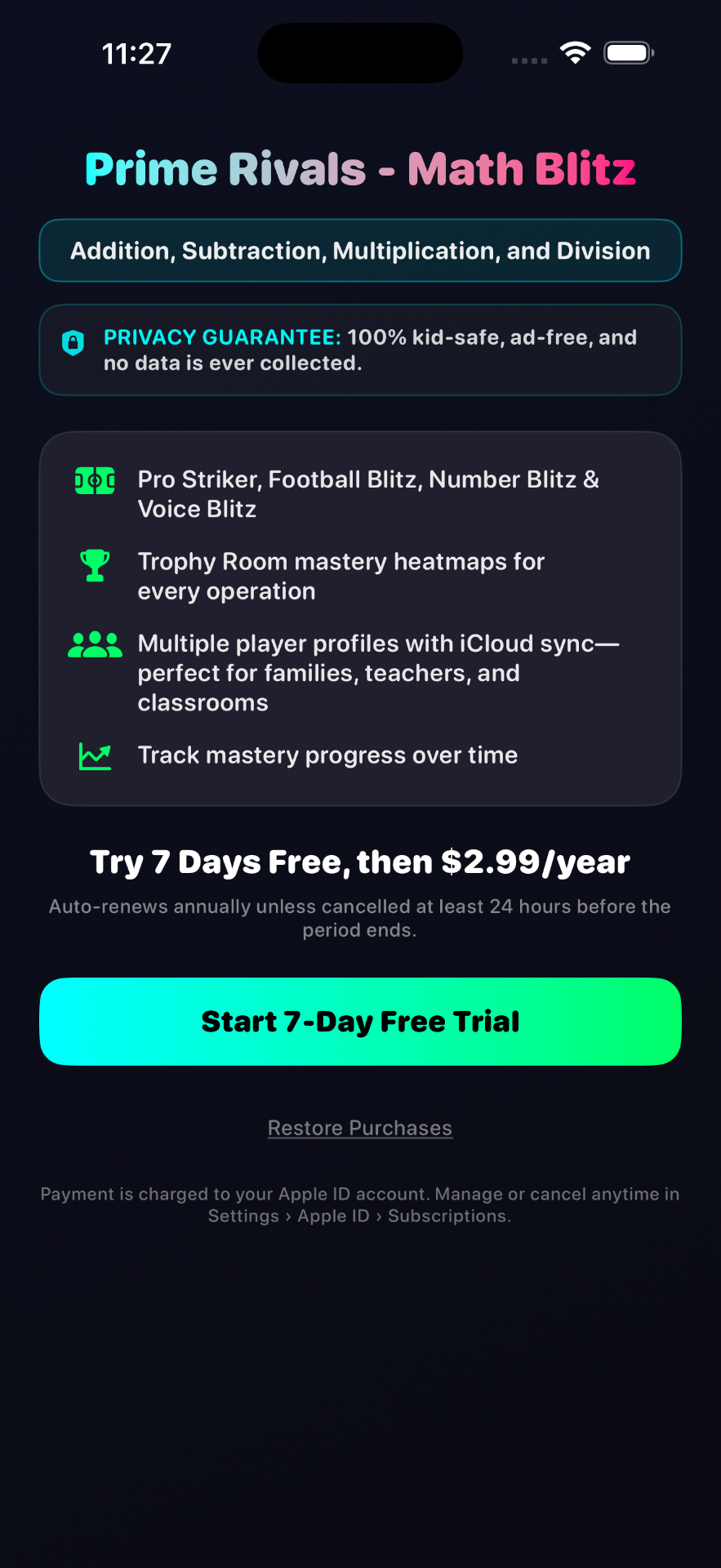 Prime Rivals subscription and privacy guarantee screen